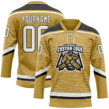 Load image into Gallery viewer, Custom Old Gold White-Black 3D Pattern Fragment Art Hockey Lace Neck Jersey
