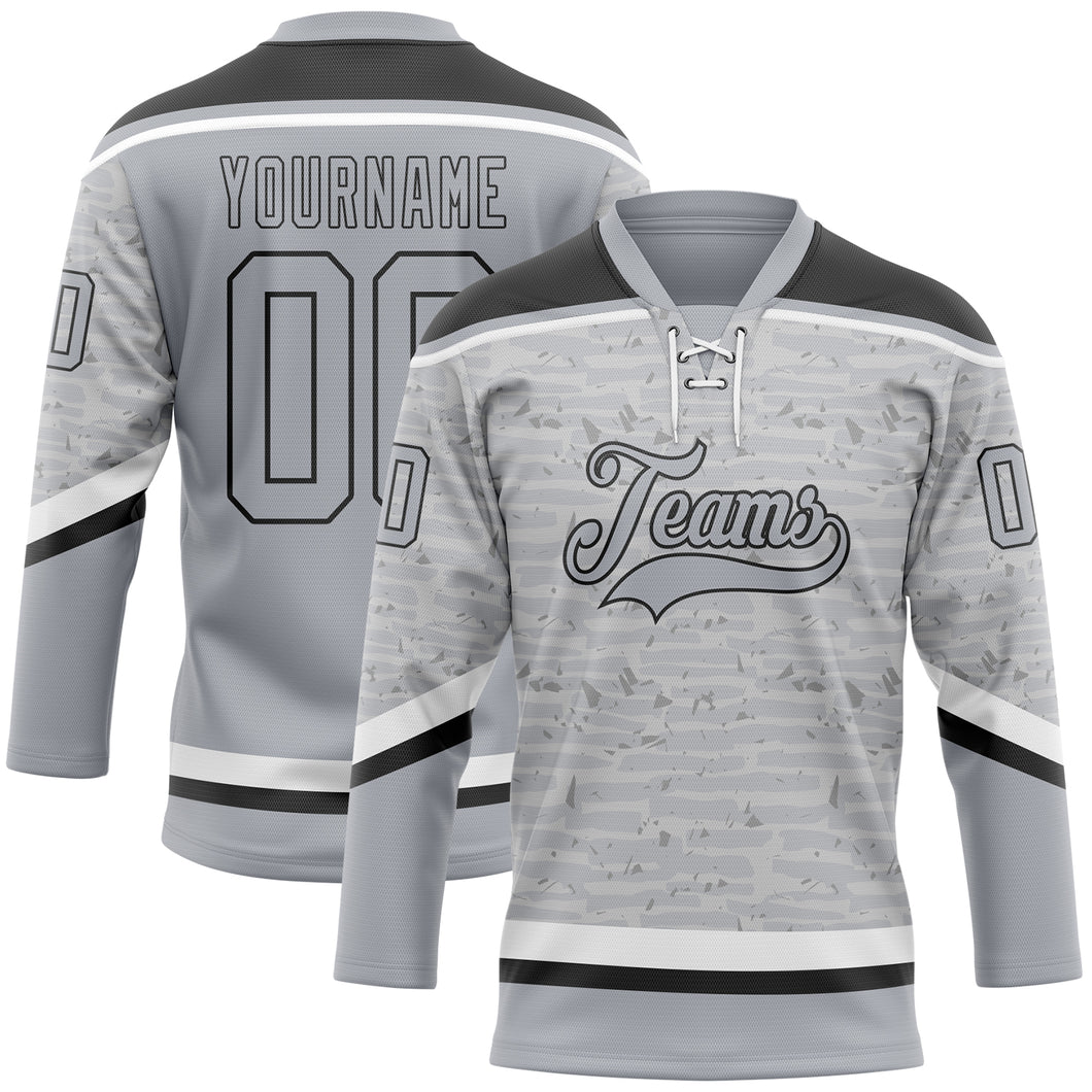 Custom Gray Black-White 3D Pattern Fragment Art Hockey Lace Neck Jersey