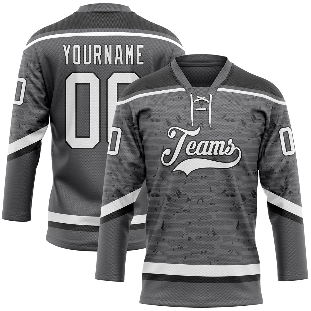 Custom Steel Gray White-Black 3D Pattern Fragment Art Hockey Lace Neck Jersey
