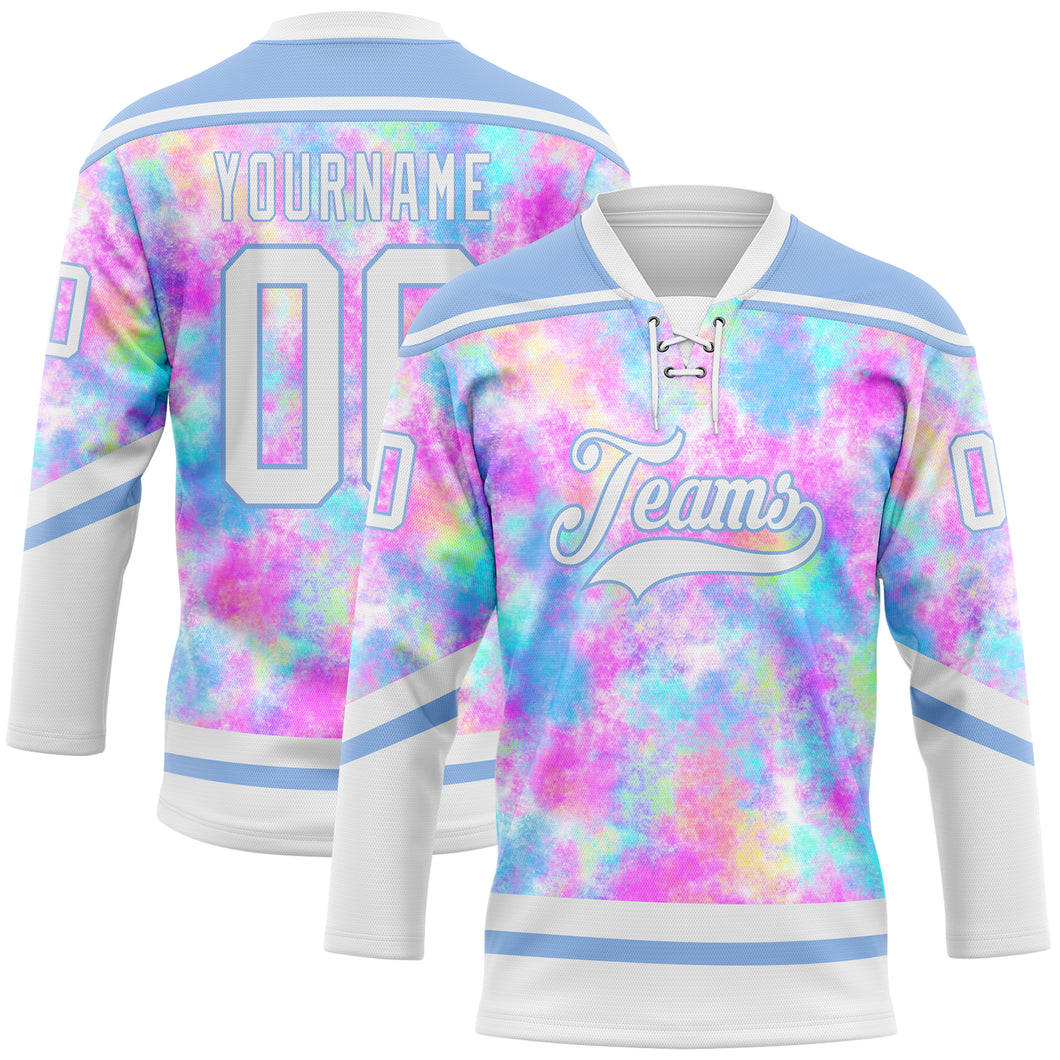 Custom Tie Dye White-Light Blue 3D Pattern Spalsh Art Hockey Lace Neck Jersey