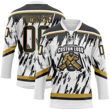 Load image into Gallery viewer, Custom White Black-Old Gold 3D Pattern Splash Art Hockey Lace Neck Jersey
