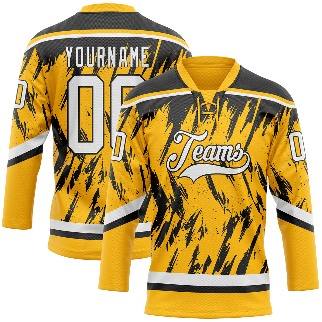 Custom Gold White-Black 3D Pattern Splash Art Hockey Lace Neck Jersey