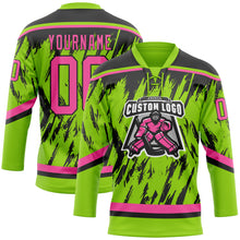 Load image into Gallery viewer, Custom Neon Green Pink-Black 3D Pattern Splash Art Hockey Lace Neck Jersey

