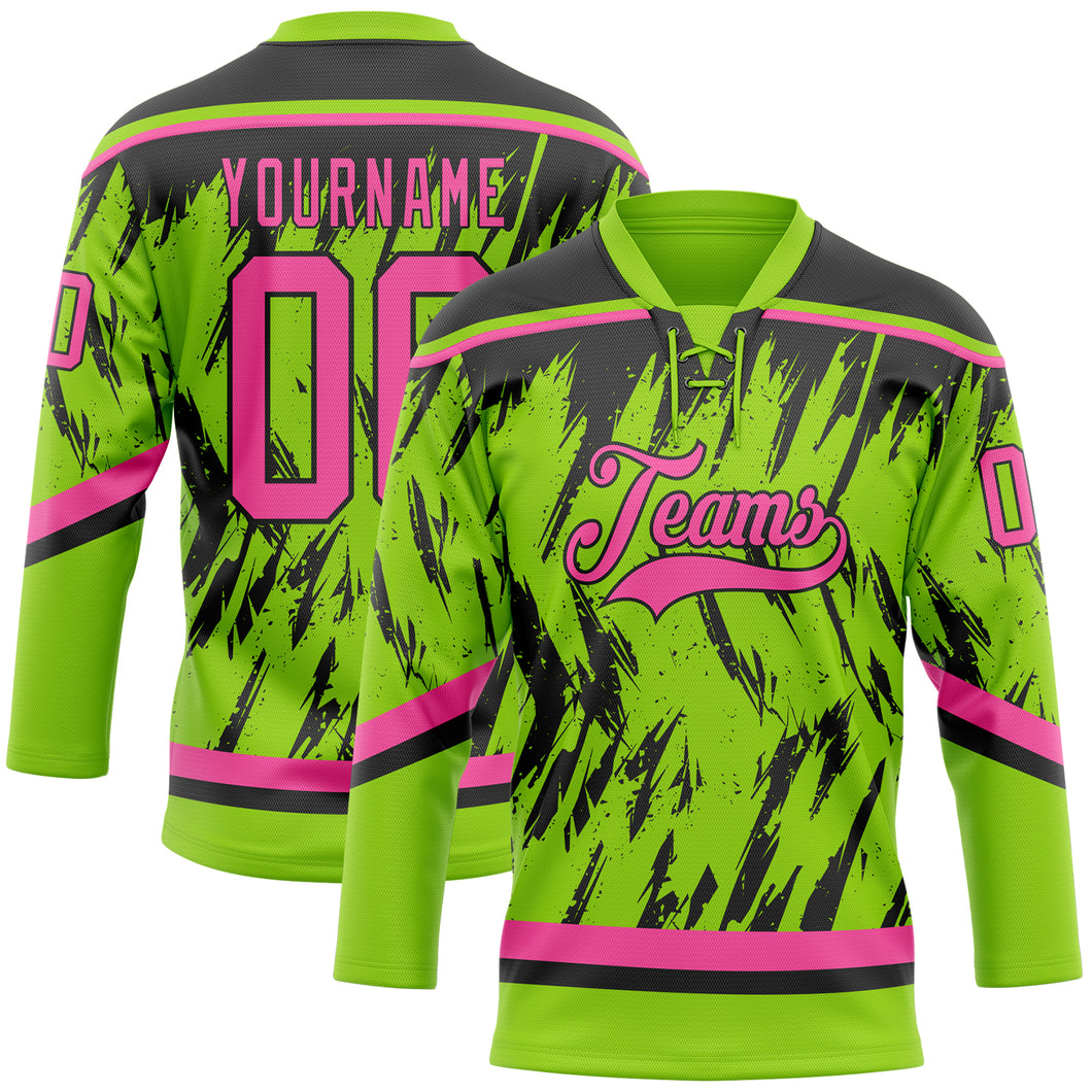 Custom Neon Green Pink-Black 3D Pattern Splash Art Hockey Lace Neck Jersey