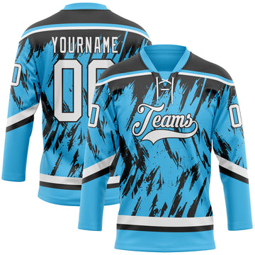 Custom Sky Blue White-Black 3D Pattern Splash Art Hockey Lace Neck Jersey