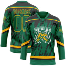 Load image into Gallery viewer, Custom Kelly Green Gold-Black 3D Pattern Splash Art Hockey Lace Neck Jersey
