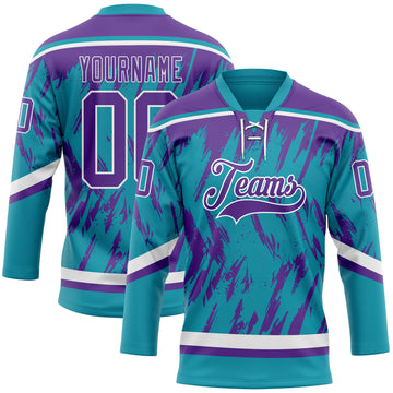 Custom Teal Purple-White 3D Pattern Splash Art Hockey Lace Neck Jersey