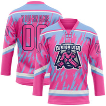 Load image into Gallery viewer, Custom Pink Light Blue Navy-White 3D Pattern Splash Art Hockey Lace Neck Jersey
