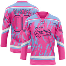 Load image into Gallery viewer, Custom Pink Light Blue Navy-White 3D Pattern Splash Art Hockey Lace Neck Jersey
