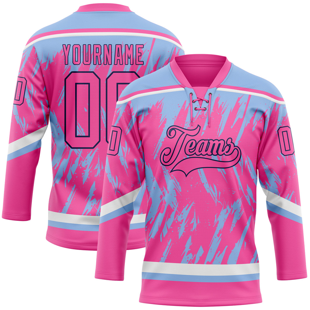 Custom Pink Light Blue Navy-White 3D Pattern Splash Art Hockey Lace Neck Jersey