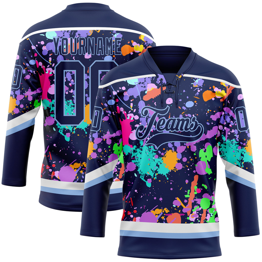 Custom Graffiti Pattern Navy Light Blue-White 3D Pattern Splash Art Hockey Lace Neck Jersey