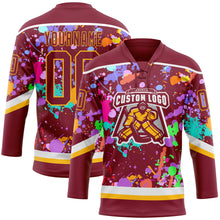 Load image into Gallery viewer, Custom Graffiti Pattern Crimson Gold-White 3D Pattern Splash Art Hockey Lace Neck Jersey
