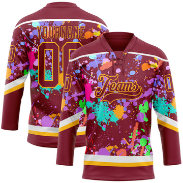 Custom Graffiti Pattern Crimson Gold-White 3D Pattern Splash Art Hockey Lace Neck Jersey