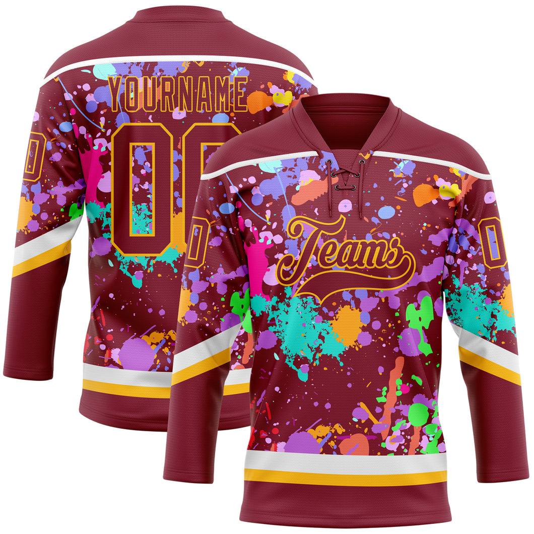 Custom Graffiti Pattern Crimson Gold-White 3D Pattern Splash Art Hockey Lace Neck Jersey