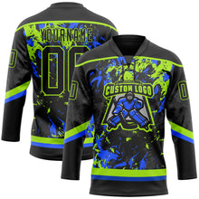 Load image into Gallery viewer, Custom Black Neon Green-Royal 3D Fluid Art Splash Hockey Lace Neck Jersey
