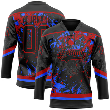Custom Black Red-Royal 3D Fluid Art Splash Hockey Lace Neck Jersey