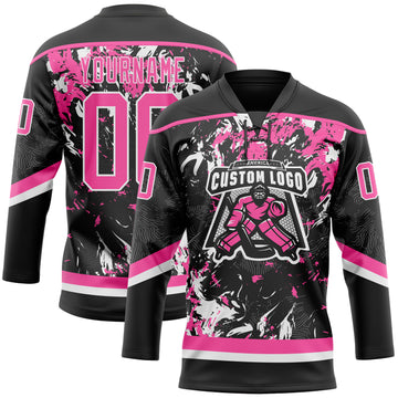 Custom Black Pink-White 3D Fluid Art Splash Hockey Lace Neck Jersey