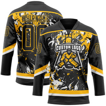 Laden Sie das Bild in den Galerie-Viewer, Custom Black Gold-White 3D Fluid Art Splash Hockey Lace Neck Jersey

