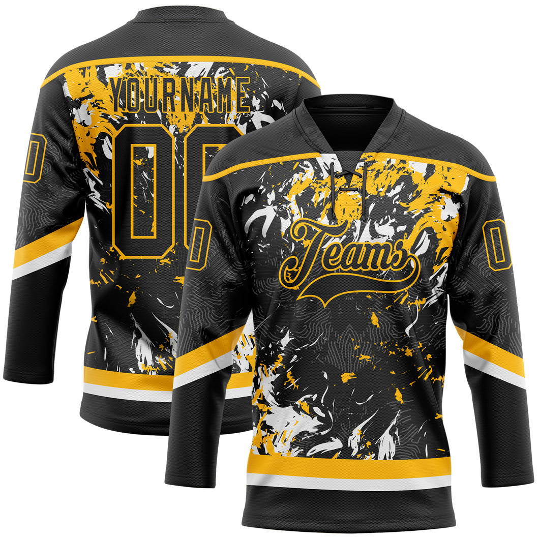 Custom Black Gold-White 3D Fluid Art Splash Hockey Lace Neck Jersey
