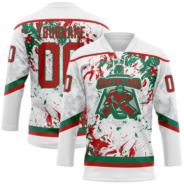 Custom White Red-Kelly Green 3D Fluid Art Splash Hockey Lace Neck Jersey