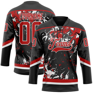 Custom Black Red-White 3D Fluid Art Splash Hockey Lace Neck Jersey