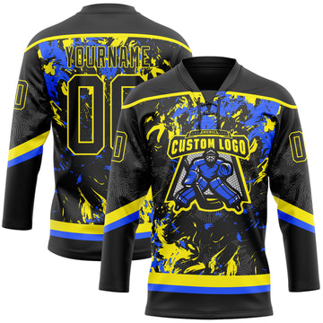 Custom Black Light Yellow-Royal 3D Fluid Art Splash Hockey Lace Neck Jersey