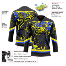 Load image into Gallery viewer, Custom Black Light Yellow-Royal 3D Fluid Art Splash Hockey Lace Neck Jersey
