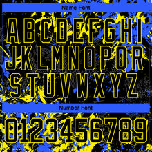 Load image into Gallery viewer, Custom Black Light Yellow-Royal 3D Fluid Art Splash Hockey Lace Neck Jersey
