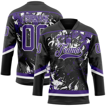 Custom Black Purple-White 3D Fluid Art Splash Hockey Lace Neck Jersey
