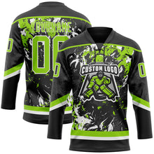 Laden Sie das Bild in den Galerie-Viewer, Custom Black Neon Green-White 3D Fluid Art Splash Hockey Lace Neck Jersey
