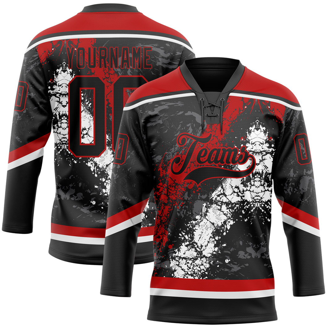 Custom Black Red-White 3D Splash Art Hockey Lace Neck Jersey