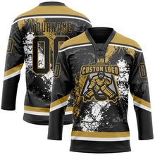 Laden Sie das Bild in den Galerie-Viewer, Custom Black Old Gold-White 3D Splash Art Hockey Lace Neck Jersey
