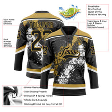 Laden Sie das Bild in den Galerie-Viewer, Custom Black Old Gold-White 3D Splash Art Hockey Lace Neck Jersey
