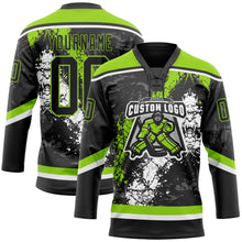 Load image into Gallery viewer, Custom Black Neon Green-White 3D Splash Art Hockey Lace Neck Jersey
