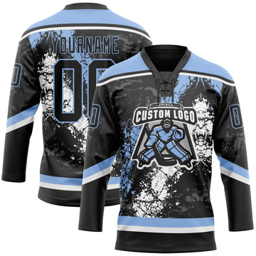 Custom Black Light Blue-White 3D Splash Art Hockey Lace Neck Jersey