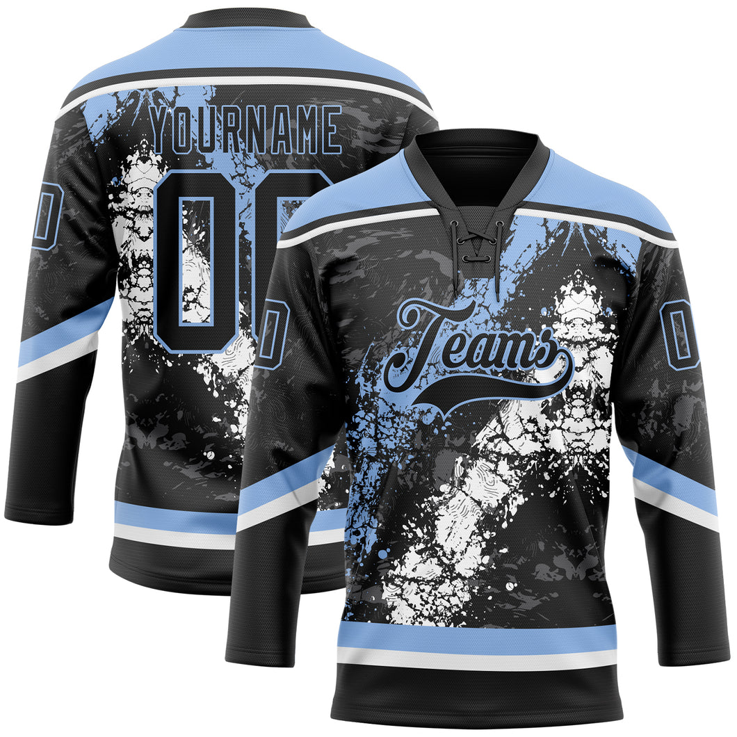 Custom Black Light Blue-White 3D Splash Art Hockey Lace Neck Jersey