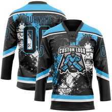 Laden Sie das Bild in den Galerie-Viewer, Custom Black Sky Blue-White 3D Splash Art Hockey Lace Neck Jersey
