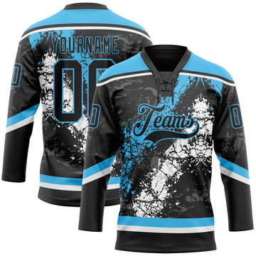 Custom Black Sky Blue-White 3D Splash Art Hockey Lace Neck Jersey