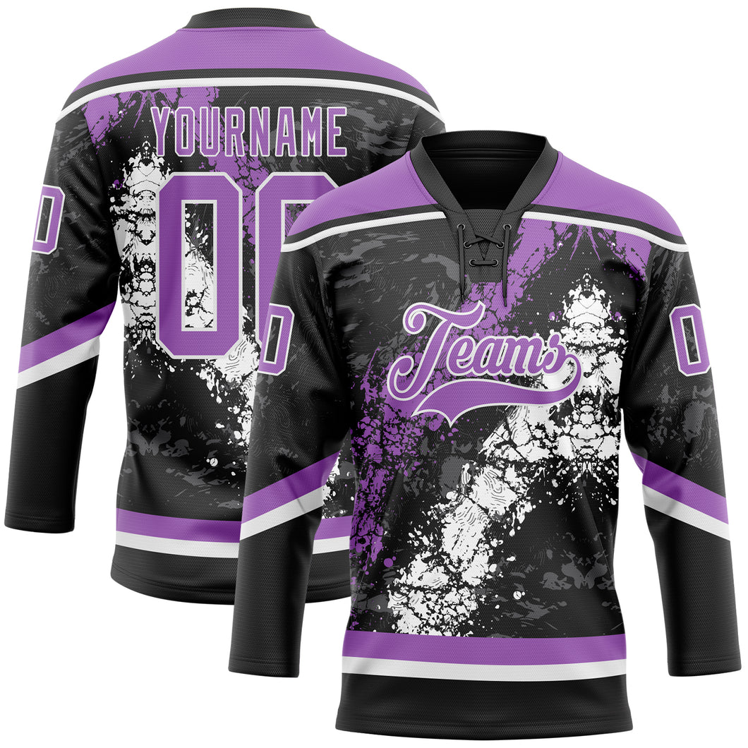 Custom Black Medium Purple-White 3D Splash Art Hockey Lace Neck Jersey