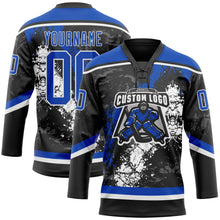 Load image into Gallery viewer, Custom Black Thunder Blue-White 3D Splash Art Hockey Lace Neck Jersey
