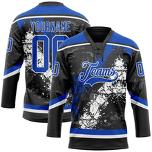 Load image into Gallery viewer, Custom Black Thunder Blue-White 3D Splash Art Hockey Lace Neck Jersey
