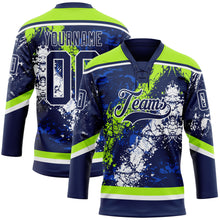 Load image into Gallery viewer, Custom Navy Thunder Blue Neon Green-White 3D Splash Art Hockey Lace Neck Jersey
