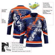 Load image into Gallery viewer, Custom Navy Thunder Blue Orange-White 3D Splash Art Hockey Lace Neck Jersey
