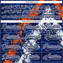 Load image into Gallery viewer, Custom Navy Thunder Blue Orange-White 3D Splash Art Hockey Lace Neck Jersey

