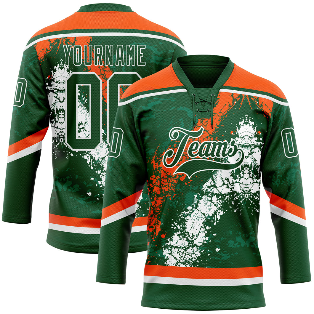 Custom Green Orange-White 3D Splash Art Hockey Lace Neck Jersey