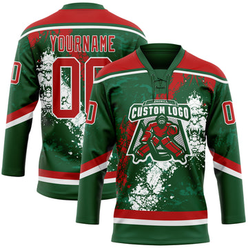 Custom Green Red-White 3D Splash Art Hockey Lace Neck Jersey