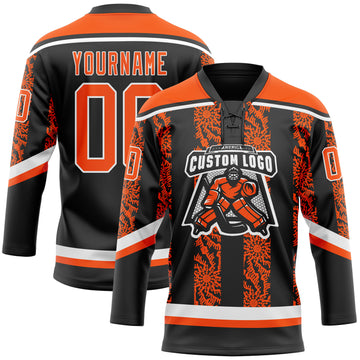 Custom Black Orange-White 3D Pattern Abstract Shape Hockey Lace Neck Jersey