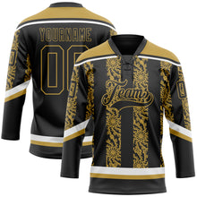 Загрузить изображение в средство просмотра галереи, Custom Black Old Gold-White 3D Pattern Abstract Shape Hockey Lace Neck Jersey
