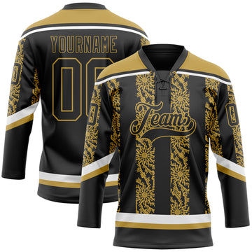Custom Black Old Gold-White 3D Pattern Abstract Shape Hockey Lace Neck Jersey