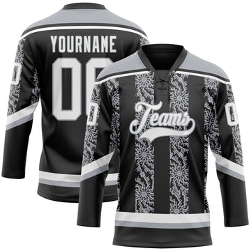 Custom Black White-Gray 3D Pattern Abstract Shape Hockey Lace Neck Jersey